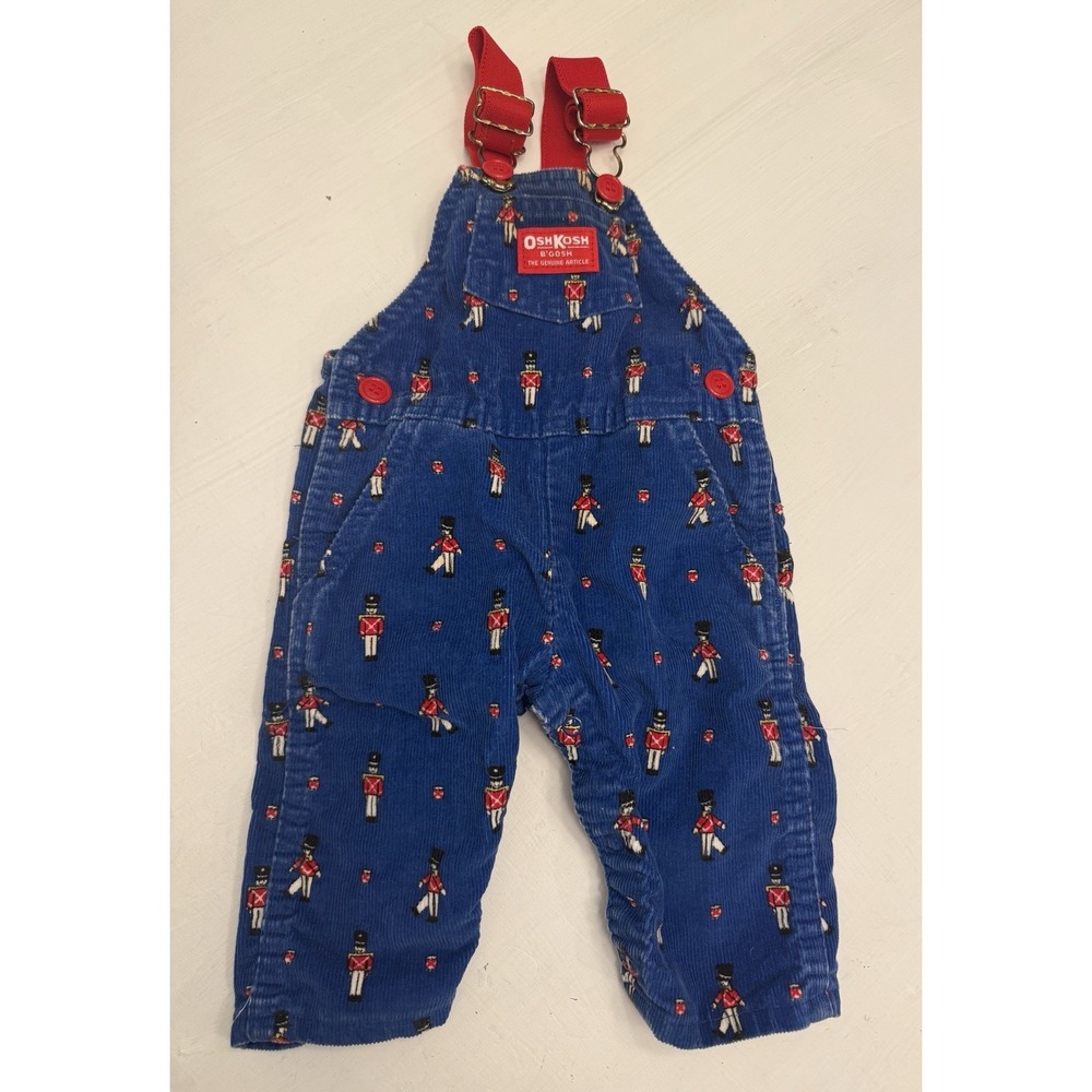 Vintage OshKosh B'Gosh Blue Corduroy Overalls With Toy Soldiers Size 3-6 Months